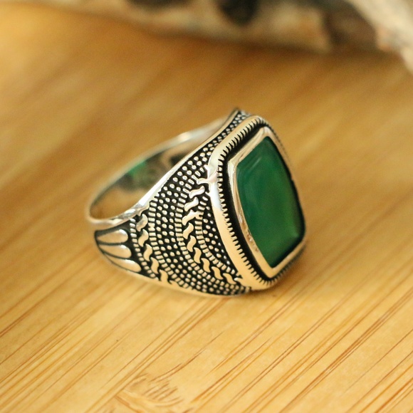 925 Sterling Silver Green Agate Stone Men's rings - Picture 4 of 8